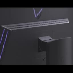 LG 27GX700A-B affiché de dos avec bandes LED violettes, motif texturé, support robuste réglable et logo V rétroéclairé pour setup gaming élégant