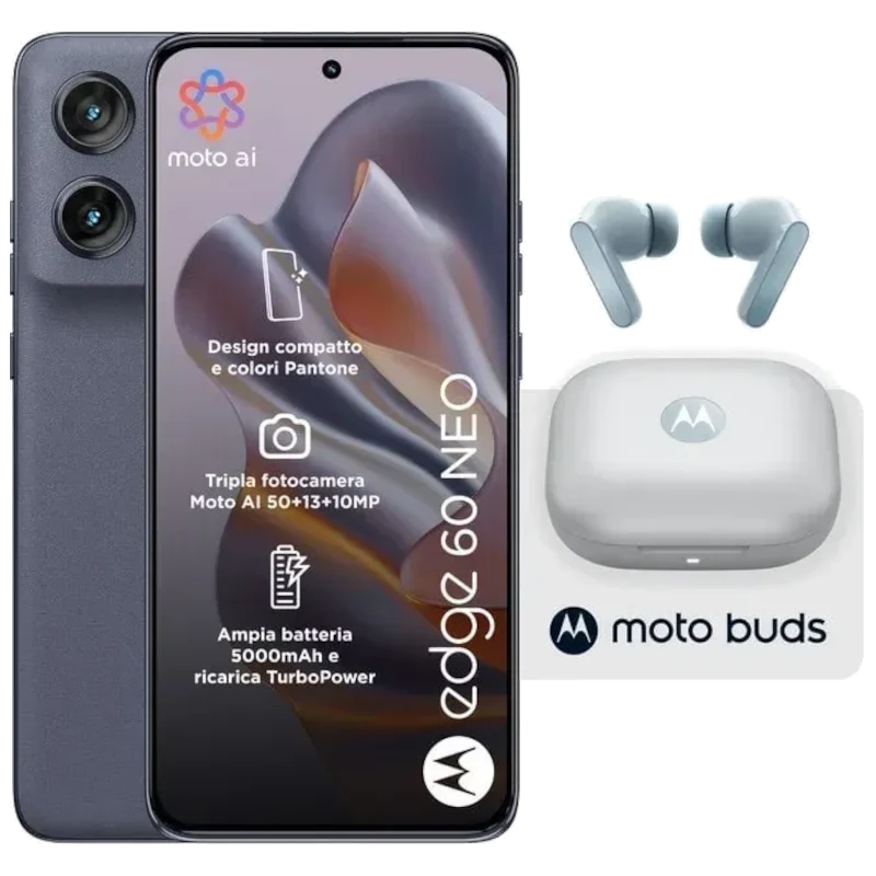 Motorola Edge 60 Neo 5G gris avec écran bord à bord perforé, triple module photo arrière proéminent, logo M discret, design fin et élégant 256 Go 8 Go - Ítem