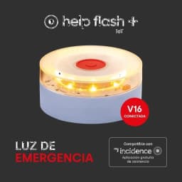Help Flash IOT Plus V16 conectada, luz de emergência branca, 250 candelas, LEDs amarelos circulares, botão central vermelho, base cinza, homologada DGT 3.0