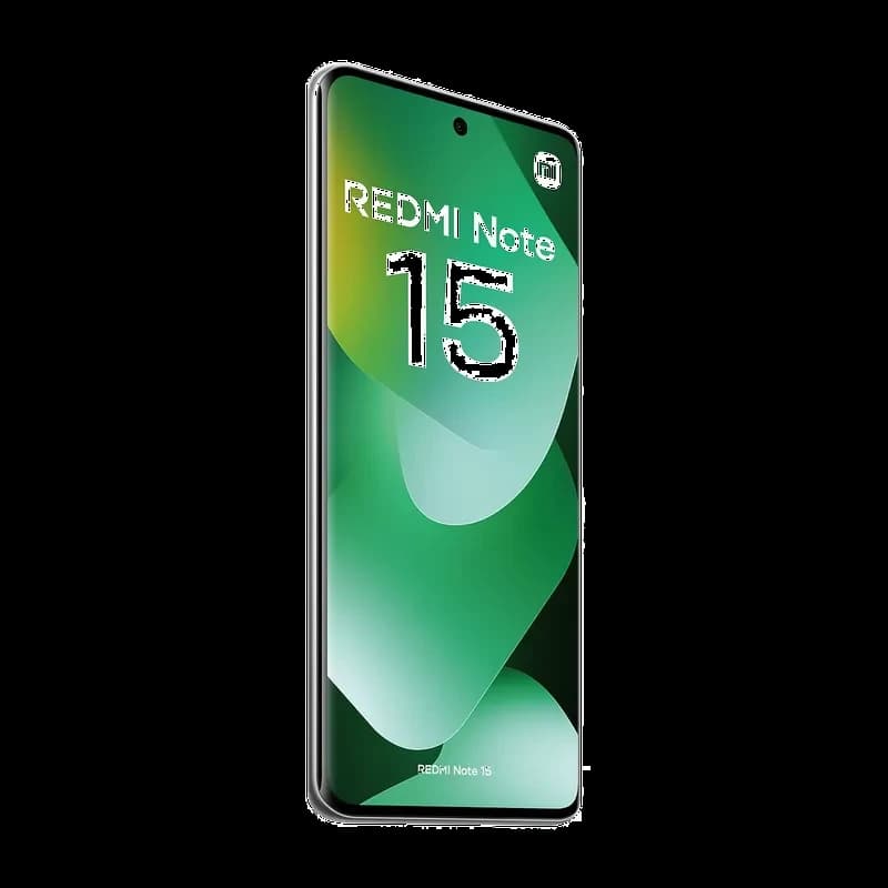 Xiaomi Redmi Note 15 vert avec écran Full HD+ bord à bord et poinçon central, design fin, mention REDMI Note 15 visible sur l écran