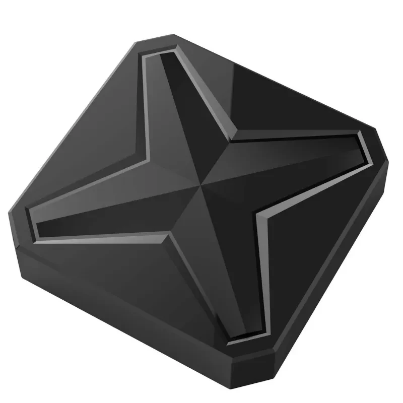 Boîtier TV noir compact avec dessus en X géométrique et télécommande noire à boutons multimédia, OK central, micro, accès YouTube, Netflix, Prime Video - Ítem1