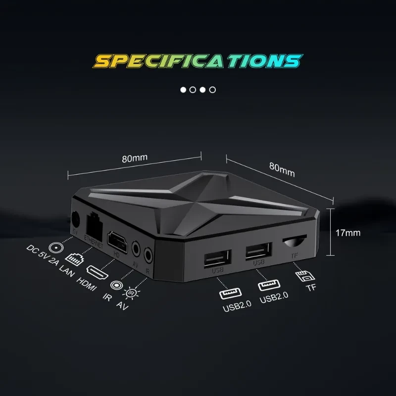 Boîtier TV noir compact avec dessus en X géométrique et télécommande noire à boutons multimédia, OK central, micro, accès YouTube, Netflix, Prime Video - Ítem4