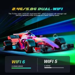 Q1 Mini+ Android TV avec WiFi double bande 2.4G/5.8G, WiFi 6 rapide, graphisme F1 dynamique, indicateurs comparant WiFi 6 et WiFi 5 pour vitesse et portée