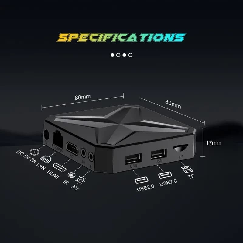 Boîtier TV compact noir 80x80x17 mm, design géométrique, ports HDMI, LAN, IR, AV, DC 5V, 2x USB 2.0 et lecteur TF, logo 8K et Android visibles