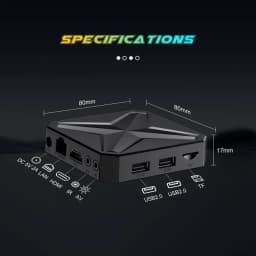 Boîtier TV compact noir 80x80x17 mm, design géométrique, ports HDMI, LAN, IR, AV, DC 5V, 2x USB 2.0 et lecteur TF, logo 8K et Android visibles