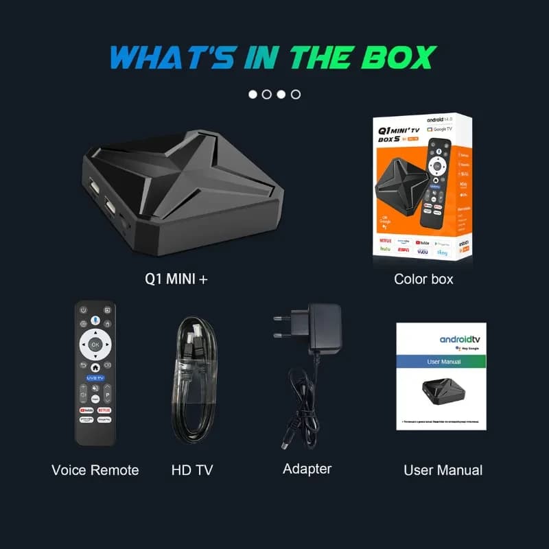 Boîtier TV Q1 Mini+ compact noir à formes angulaires, ports USB et HDMI visibles; inclut télécommande vocale, câble HDMI, adaptateur secteur et manuel