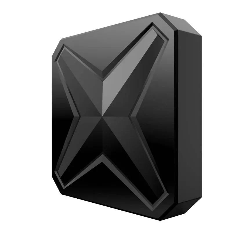 Boîtier TV noir compact à motif X géométrique avec télécommande dédiée; touches d’accès applis, volume, navigation OK, Netflix, Prime Video, YouTube - Ítem1