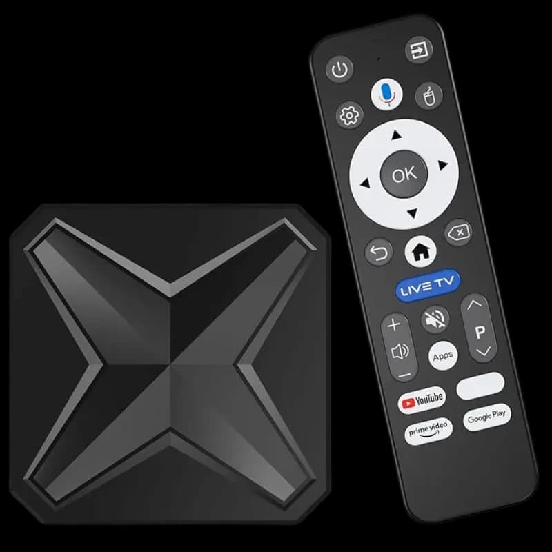 Boîtier TV noir compact à motif X géométrique avec télécommande dédiée; touches d’accès applis, volume, navigation OK, Netflix, Prime Video, YouTube