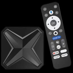 Boîtier TV noir compact à motif X géométrique avec télécommande dédiée; touches d’accès applis, volume, navigation OK, Netflix, Prime Video, YouTube
