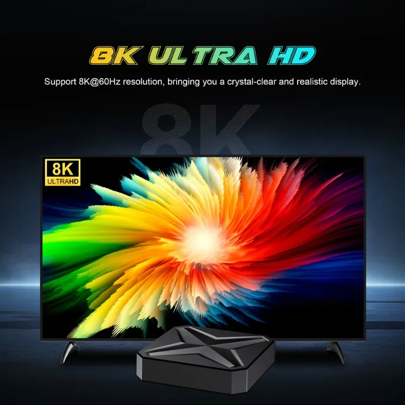 Boîtier TV noir compact à motif X géométrique avec télécommande dédiée; touches d’accès applis, volume, navigation OK, Netflix, Prime Video, YouTube - Ítem3