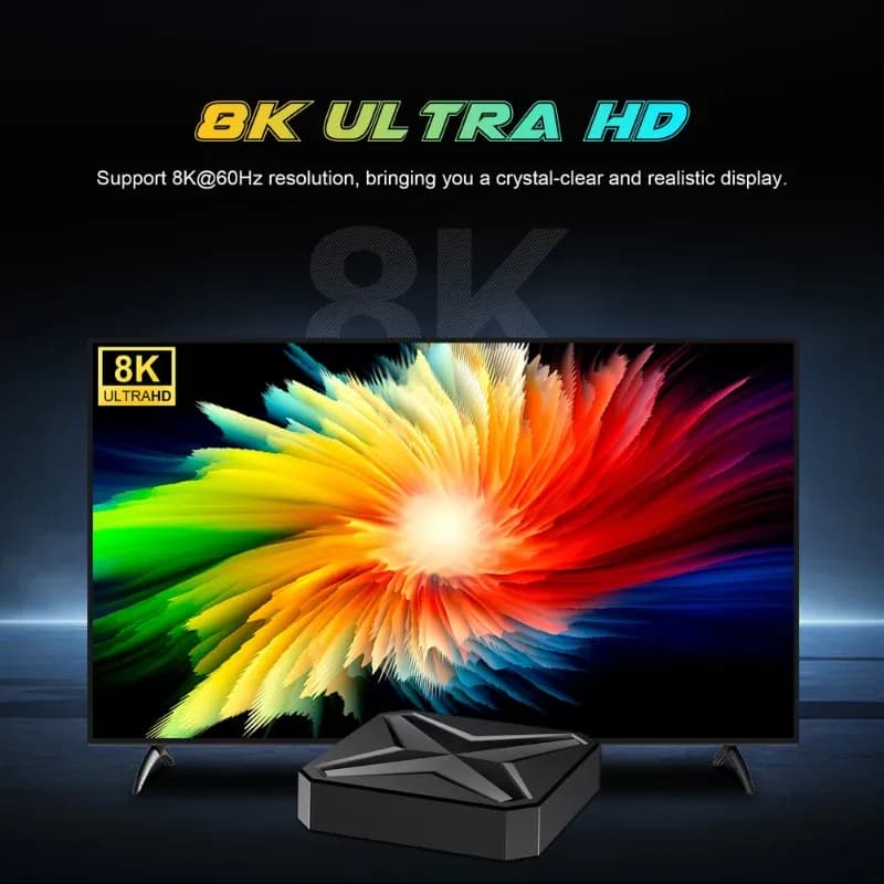 Boîtier Q1 Mini+ RK3518 noir, design angulaire, affiche 8K Ultra HD 60 Hz sur TV. Interface Android 14, 2 Go RAM, 16 Go stockage, connectivité HDMI.