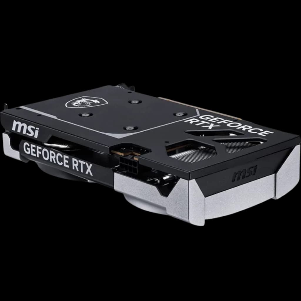 MSI GeForce RTX 5060 8G VENTUS 2X OC com backplate preto, dois coolers, carenagem prateada e conector de energia lateral; design robusto e compacto