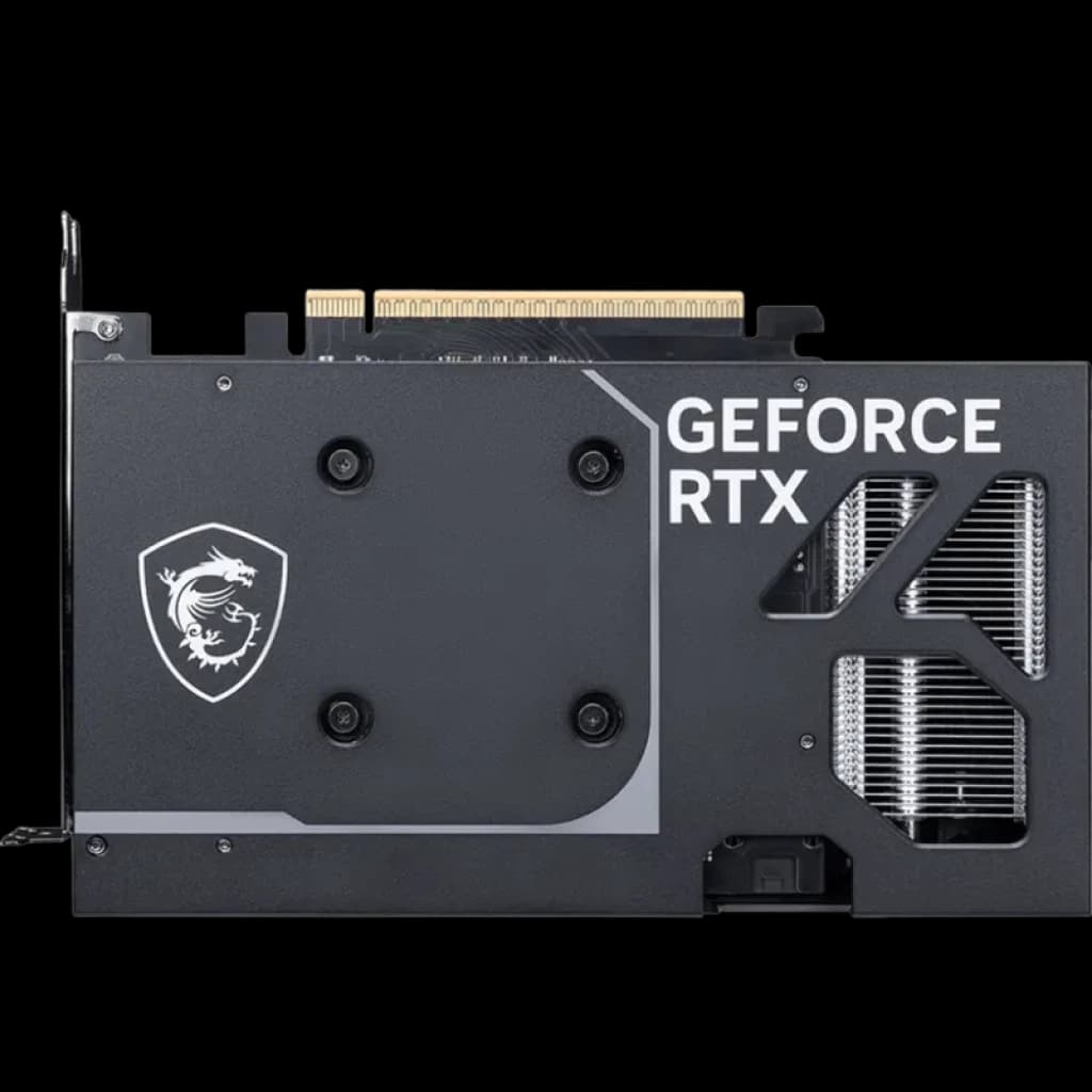 MSI GeForce RTX 5060 8G VENTUS 2X OC com backplate preta, logo do dragão, recorte mostrando dissipador de calor e conector PCIe dourado visible