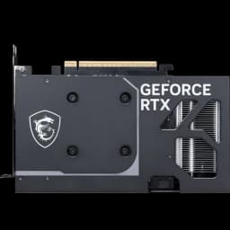 MSI GeForce RTX 5060 8G VENTUS 2X OC com backplate preta, logo do dragão, recorte mostrando dissipador de calor e conector PCIe dourado visible