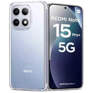 Capa protetora premium para Xiaomi Redmi Note 15 Pro Plus em acrílico transparente, antiamarelamento, bordas reforçadas, recortes precisos para câmera dupla e botões alinhados