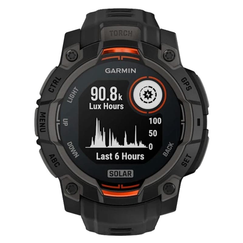 Relógio Garmin Instinct 3 45 mm preto com pulseira de silicone, mostrador circular, detalhes laranja, visor solar, botões laterais e display com gráfico GPS