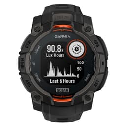 Relógio Garmin Instinct 3 45 mm preto com pulseira de silicone, mostrador circular, detalhes laranja, visor solar, botões laterais e display com gráfico GPS