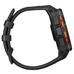 Garmin Instinct 3 45 mm Solar Preto com pulseira de silicone preta, caixa robusta, botões laterais texturizados e aro laranja em destaque, design esportivo