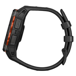 Garmin Instinct 3 45 mm Solar Preto com caixa robusta preta, detalhe lateral laranja, dois botões texturizados e pulseira de silicone preta ajustável