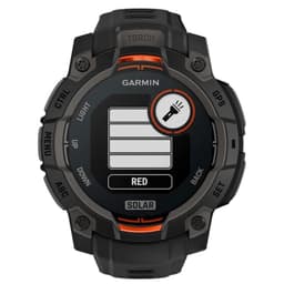 Relógio Garmin Instinct 3 45 mm Solar preto com pulseira de silicone preta, mostrador robusto com botões laterais e destaque laranja, tela com ícone de
