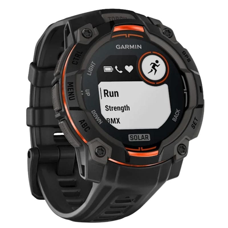 Garmin Instinct 3 45 mm Solar preto com pulseira de silicone preta, mostrador robusto com detalhes laranja, tela circular com ícones e modos esportivos