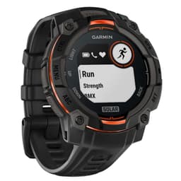Garmin Instinct 3 45 mm Solar preto com pulseira de silicone preta, mostrador robusto com detalhes laranja, tela circular com ícones e modos esportivos
