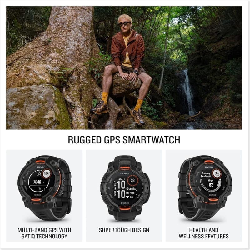 Garmin Instinct 3 45 mm Solar Branco com bracelete de silicone branca, moldura robusta, tela monocromática, botões laterais e lanterna integrada
