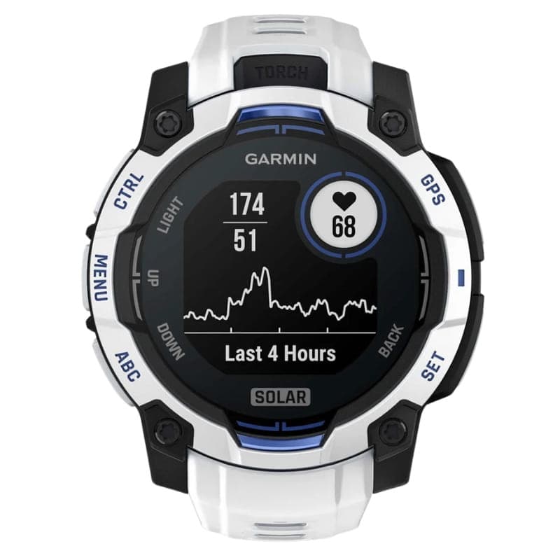 Garmin Instinct 3 45 mm Solar branco com bracelete de silicone branca, mostrador robusto, lanterna integrada e design resistente para atividades outdoor