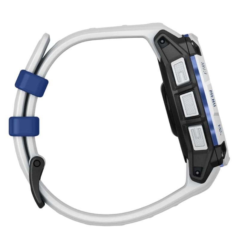 Relógio Garmin Instinct 3 45 mm Solar branco com bracelete de silicone, mostrador preto, botões laterais, lanterna integrada e indicadores de batimentos