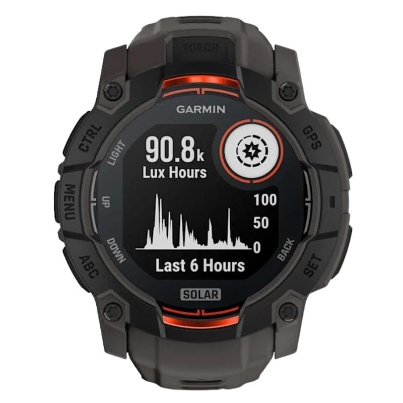 Garmin Instinct 3 Solar 50 mm preto, mostrador robusto com gráficos de luz, moldura resistente, botões laterais, pulseira de silicone carvão, NFC