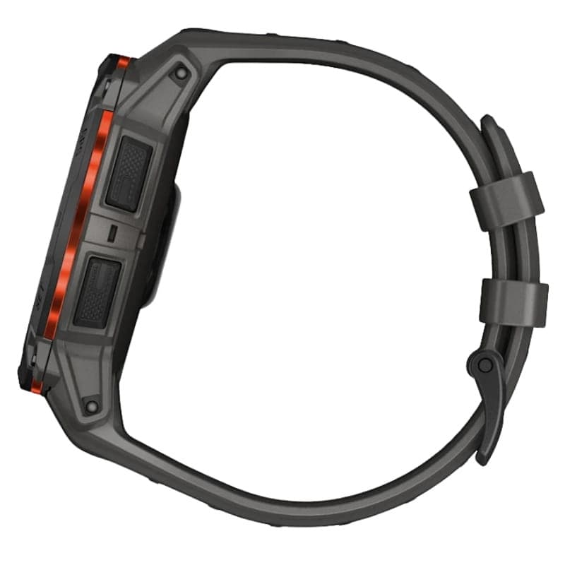 Garmin Instinct 3 50 mm Solar preto com pulseira de silicone carvão, caixa robusta cinza, botões laterais texturizados e aro laranja metálico NFC