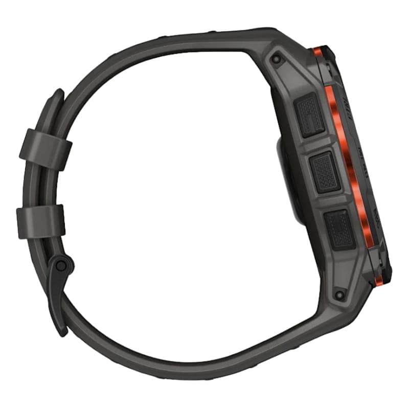 Garmin Instinct 3 50 mm Solar Preto com laterais em cinza e detalhes laranja, botões texturizados, caixa robusta e pulseira de silicone carvão com fivela