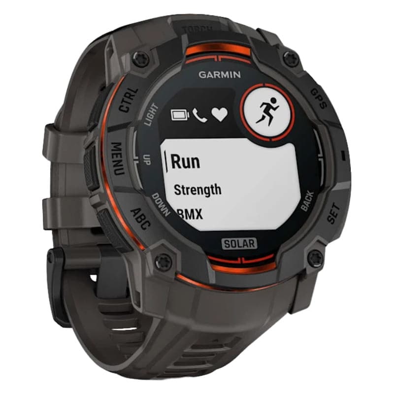 Relógio Garmin Instinct 3 50 mm Solar preto com pulseira de silicone carvão, mostrador robusto com botões laterais, tela com métricas de treino e GPS