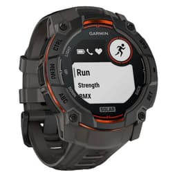 Relógio Garmin Instinct 3 50 mm Solar preto com pulseira de silicone carvão, mostrador robusto com botões laterais, tela com métricas de treino e GPS