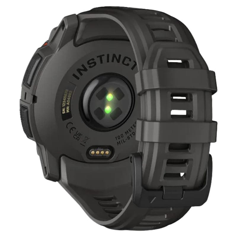 Garmin Instinct 3 Solar 50 mm em preto, caixa robusta, sensor óptico de batimentos, carregamento solar, pulseira de silicone carvão com fecho resistente