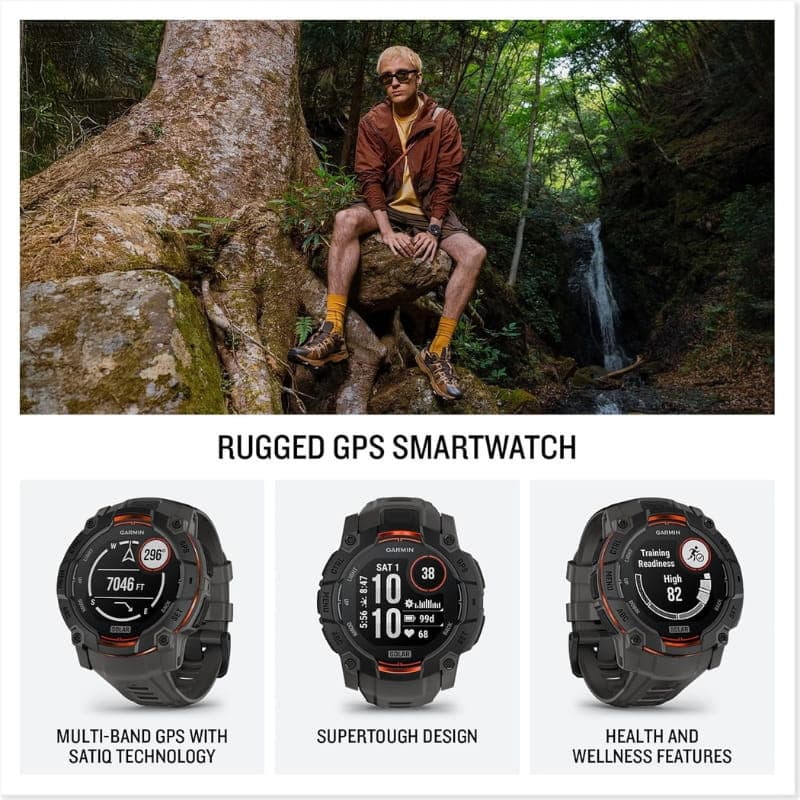 Garmin Instinct 3 50 mm Solar Branco com pulseira de silicone preta, caixa robusta, botões texturizados laterais e detalhes azuis, resistência 10 ATM