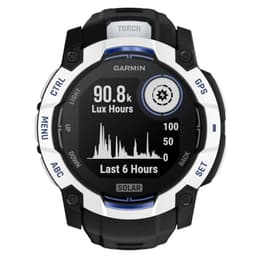 Garmin Instinct 3 50 mm Solar branco com pulseira de silicone preta, caixa robusta, mostrador redondo, detalhes em laranja e tela com dados de GPS e saúde