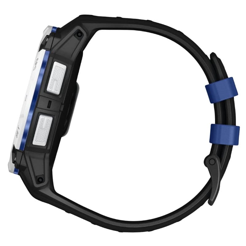 Relógio Garmin Instinct 3 50 mm Solar branco com pulseira de silicone preta, lanterna integrada, carregamento solar e monitoramento de frequência cardíaca