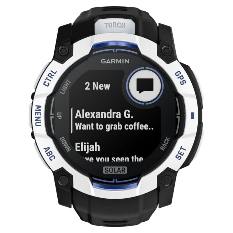 Garmin Instinct 3 50 mm Solar branco com bezel robusto, mostrador circular com gráficos de luz, botões laterais e pulseira de silicone preta 10 ATM