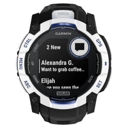 Garmin Instinct 3 50 mm Solar branco com bezel robusto, mostrador circular com gráficos de luz, botões laterais e pulseira de silicone preta 10 ATM