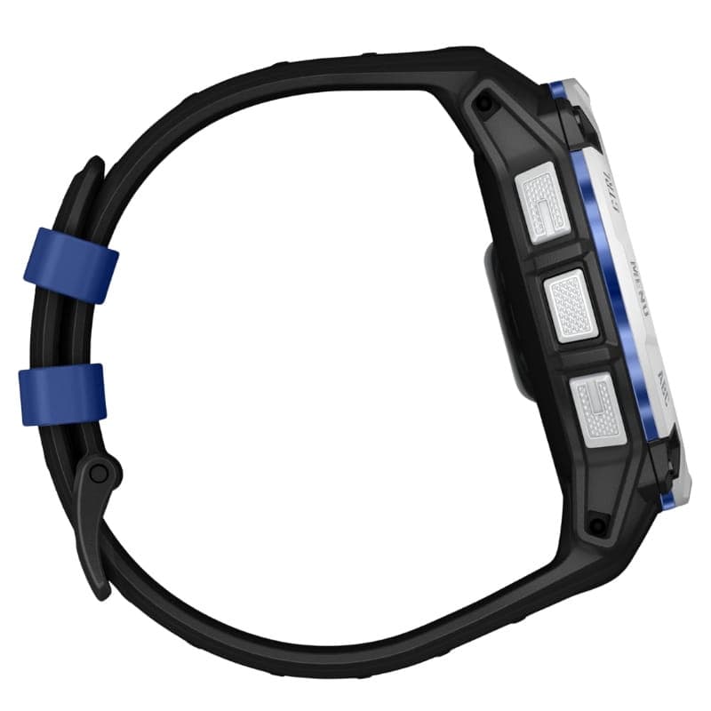 Garmin Instinct 3 50 mm Solar Branco com pulseira de silicone preta, caixa robusta, botões laterais texturizados e fechos azuis, resistência 10 ATM