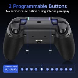 EasySMX X05 Pro PC Gamepad Noir vu de dos avec poignées texturées, boutons programmables M1 M2, voyants LED et connecteurs pour triple connexion