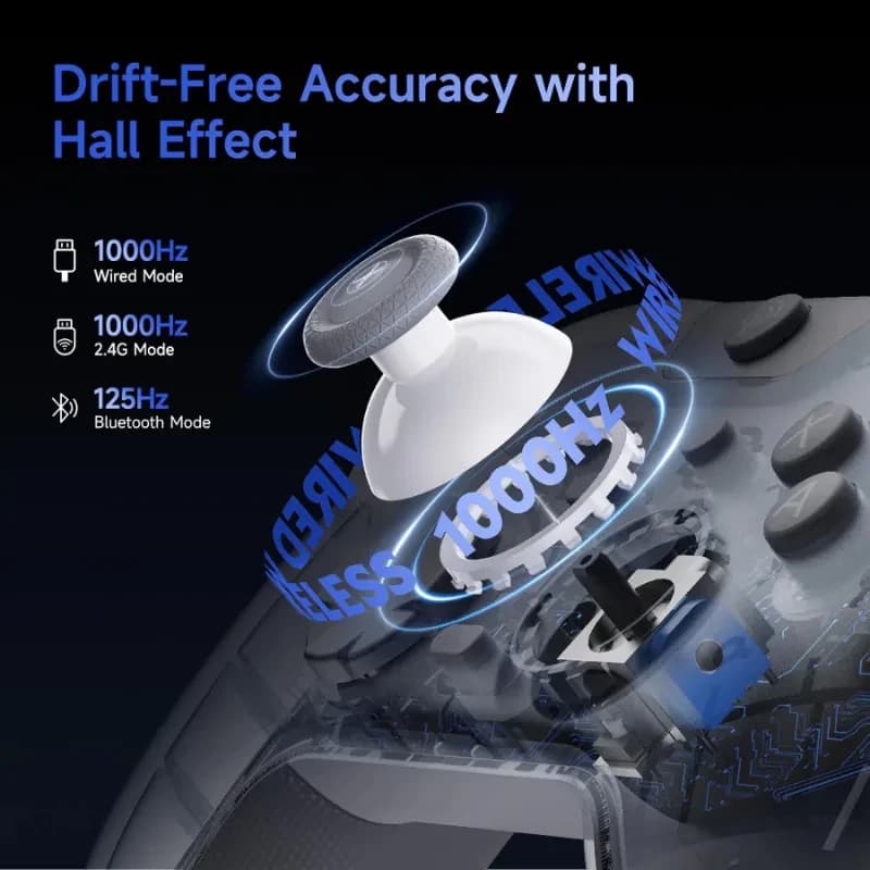EasySMX X05 Pro PC Gamepad Noir avec sticks Hall effect anti-dérive, anneaux lumineux bleus, modes 1000 Hz filaire et 2,4 GHz, 125 Hz Bluetooth