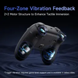 EasySMX X05 Pro Violet vue arrière avec grips texturés, gâchettes ergonomiques et vibrations 4 zones 2+2 pour immersion tactile, ports et indicateurs