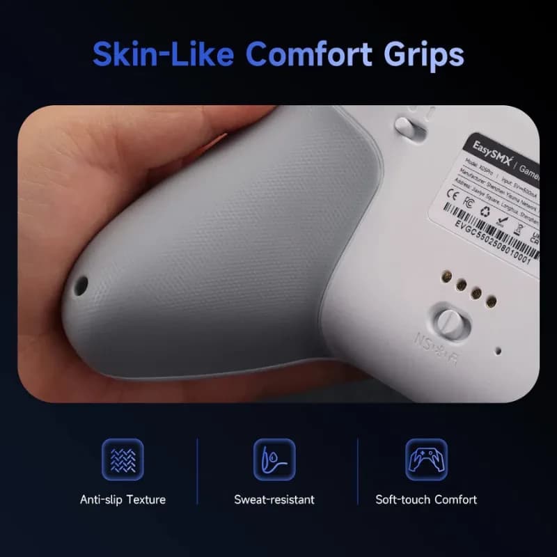 Poignées du EasySMX X05 Pro Violet avec texture antidérapante, toucher doux et résistance à la transpiration; surface grise ergonomique pour confort