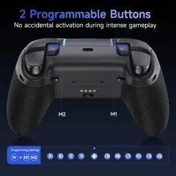Manette violette EasySMX X05 Pro vue arrière, deux boutons programmables M1 M2, poignées texturées, voyants LED, ports et marquages clairs pour une prise en
