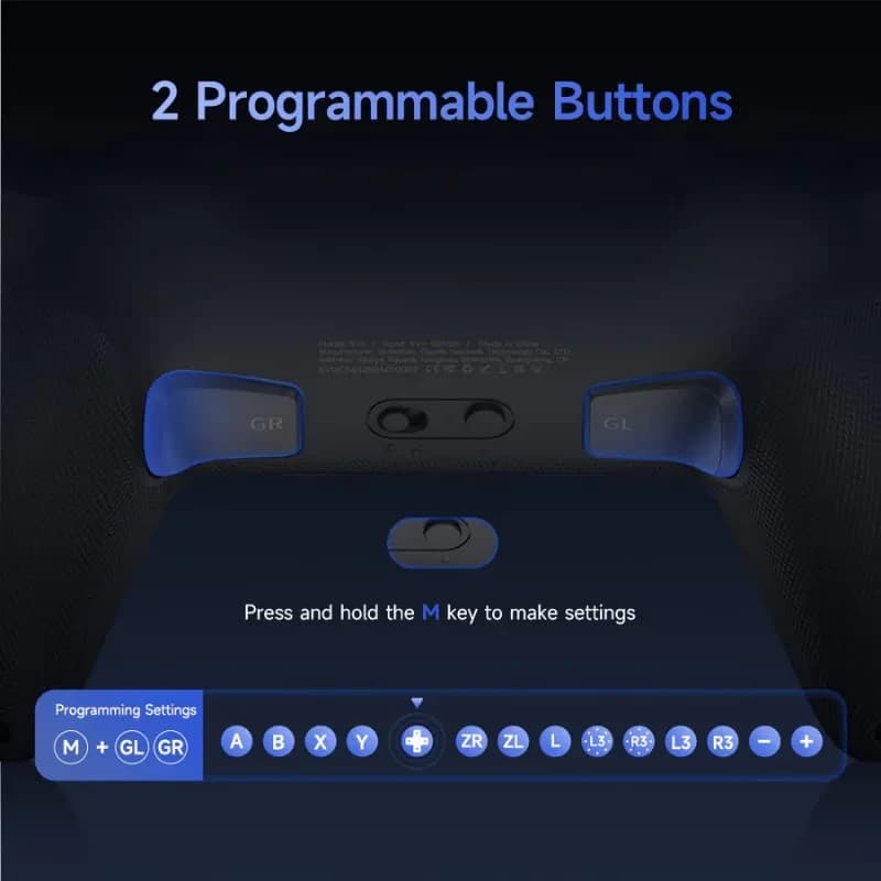 Botones traseros programables M con luces azules y teclas GL GR del EasySMX S10 Switch Gamepad Negro, indicaciones para asignar ZL ZR A B X Y L R L3 R3