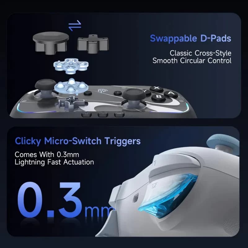 EasySMX S10 Switch Gamepad Negro con crucetas intercambiables, agarre ergonómico, gatillos micro switch de 0.3 mm y detalle LED azul en el lateral