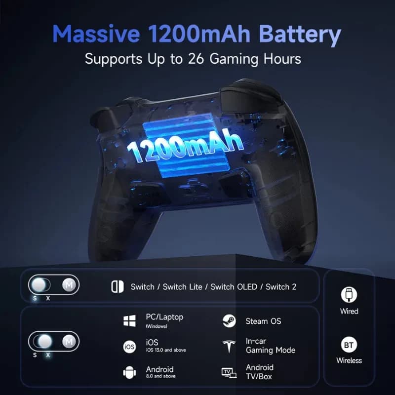 EasySMX S10 Switch Gamepad negro con batería 1200 mAh hasta 26 h, vibración HD, compatible Switch 2, PC, iOS, Android, Bluetooth y USB, carcasa translúcida