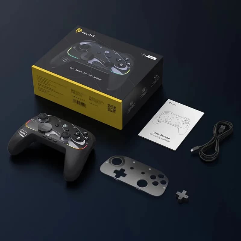 EasySMX S10 Switch Gamepad Negro con botones ABXY iluminados, joysticks duales, cruceta intercambiable, placa frontal extra y cable USB; caja y manual incluidos